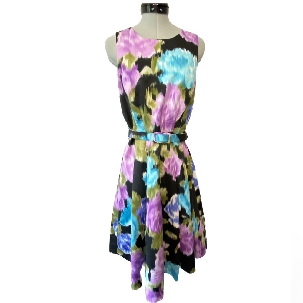 ELIZA J Floral Sleeveless A-Line Midi Dress with Belt, Size 4
